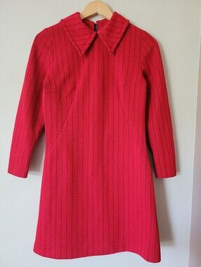 Vintage 70s Women's Red Pinstripe Mod Dagger Collar Long Sleeve Mini Dress Small